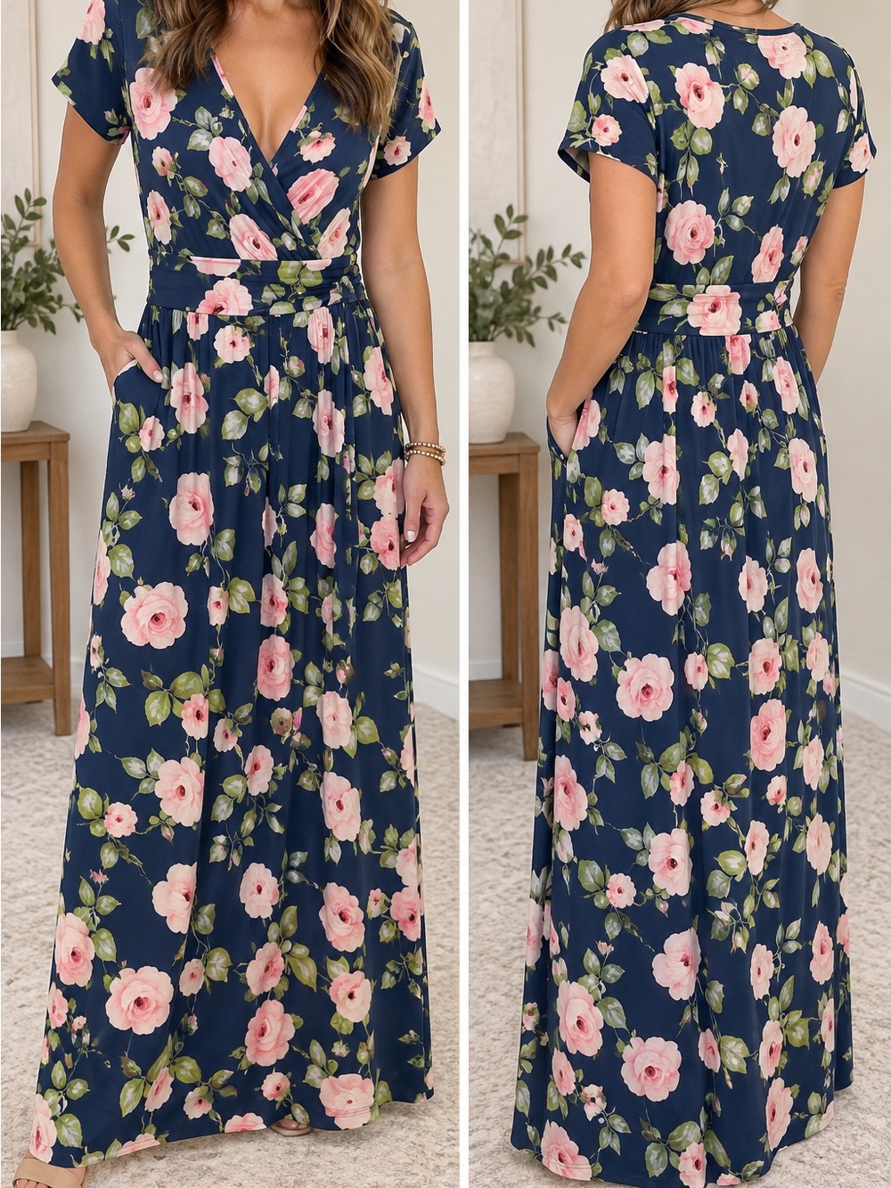 Source Unknown Navy Maxi Dress with Pink Floral Print